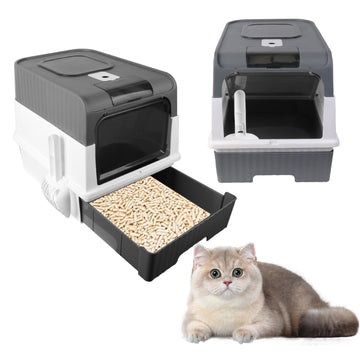 Large Grey Cat Litter Box with Drawer Self Cleaning Design for Indoor Cats