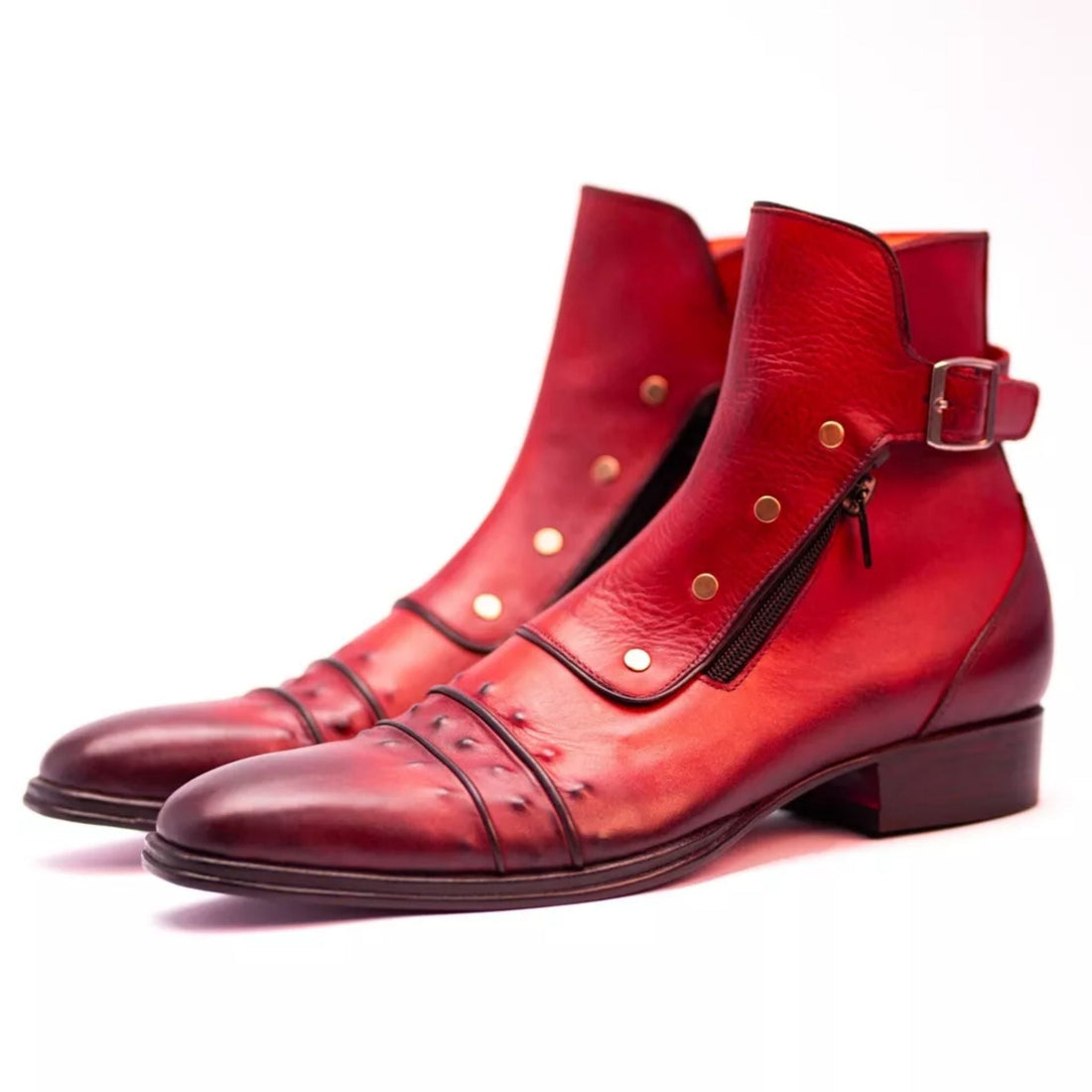 Handmade Red Leather Ankle Dress Boots - Zipper & Buckle Closure Formal Boot