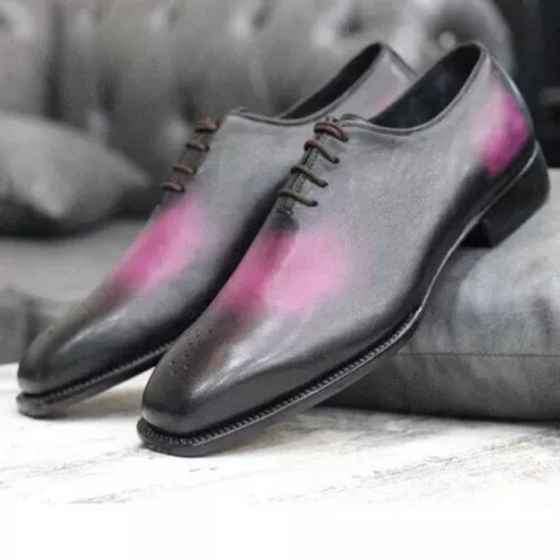 Bespoke Hand-Patina Wholecut Oxford Shoes - Pink/Magenta to Black Shaded Leather