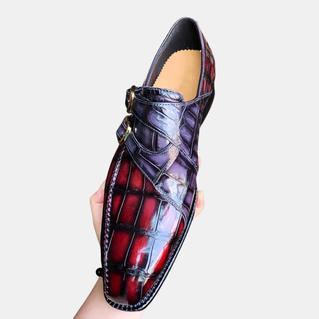 Goodyear Welted Double Monk Strap Shoes - Burgundy & Gray Patina Croc Print