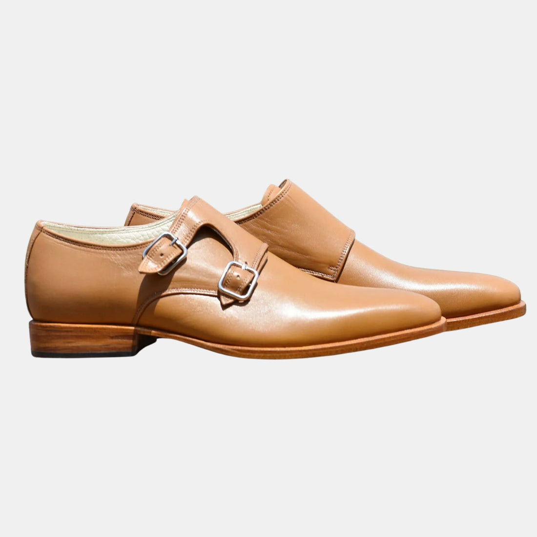 Handmade Genuine Tan Leather Double Monk Strap Dress Shoes