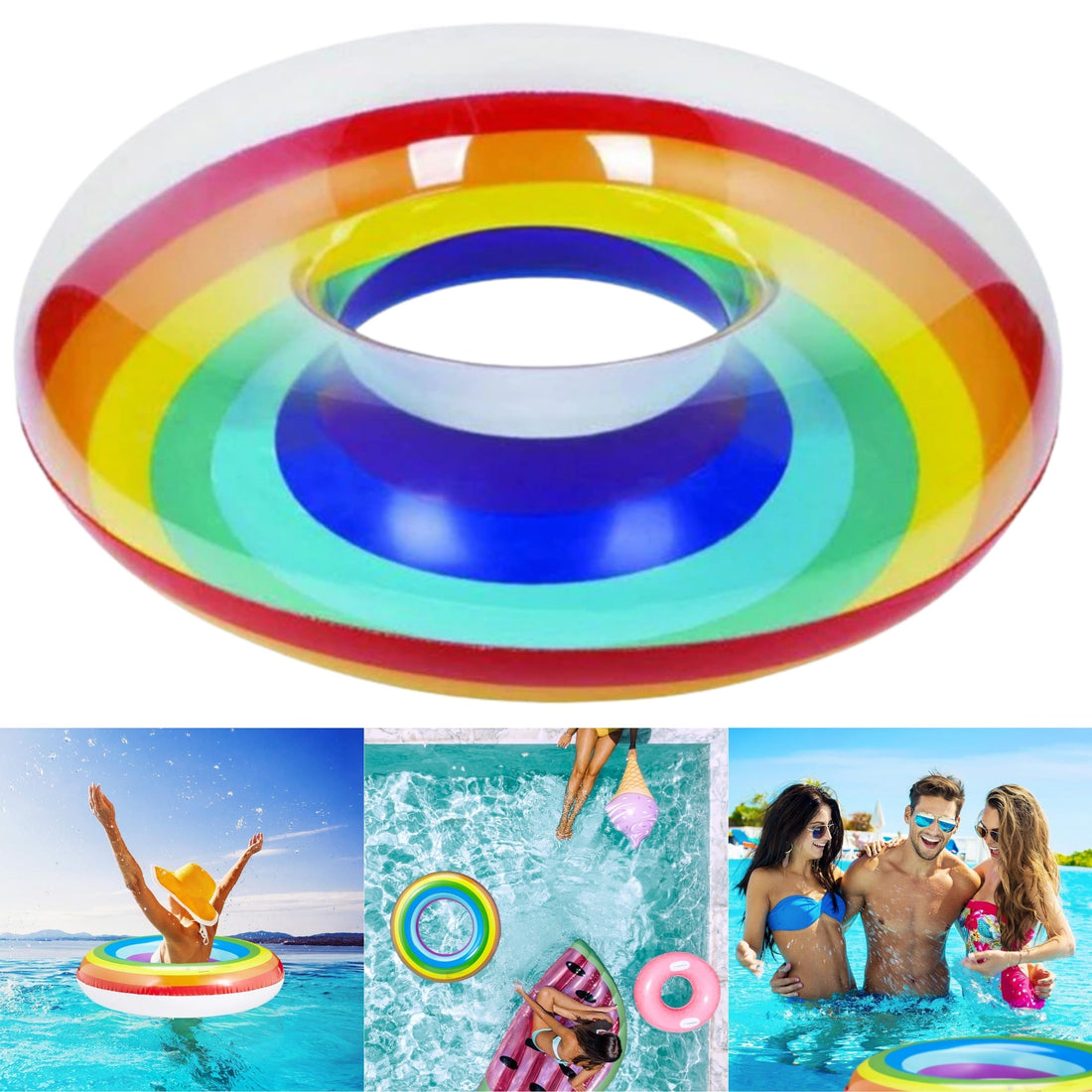 Inflatable Rainbow Swim Ring 118cm Colourful Floating Pool Ring