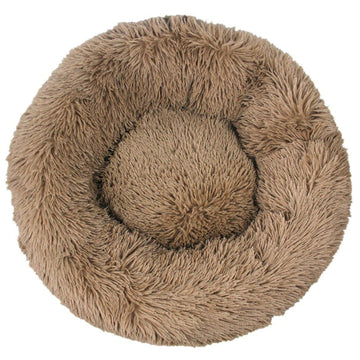 Calming Plush Round Pet Bed for Cats & Dogs – Non-Removable Cushion – Khaki & Grey