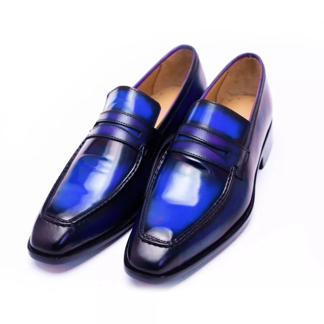 Handmade Blue Leather Moccasin Loafer - Formal Slip-On Dress Shoe for Men