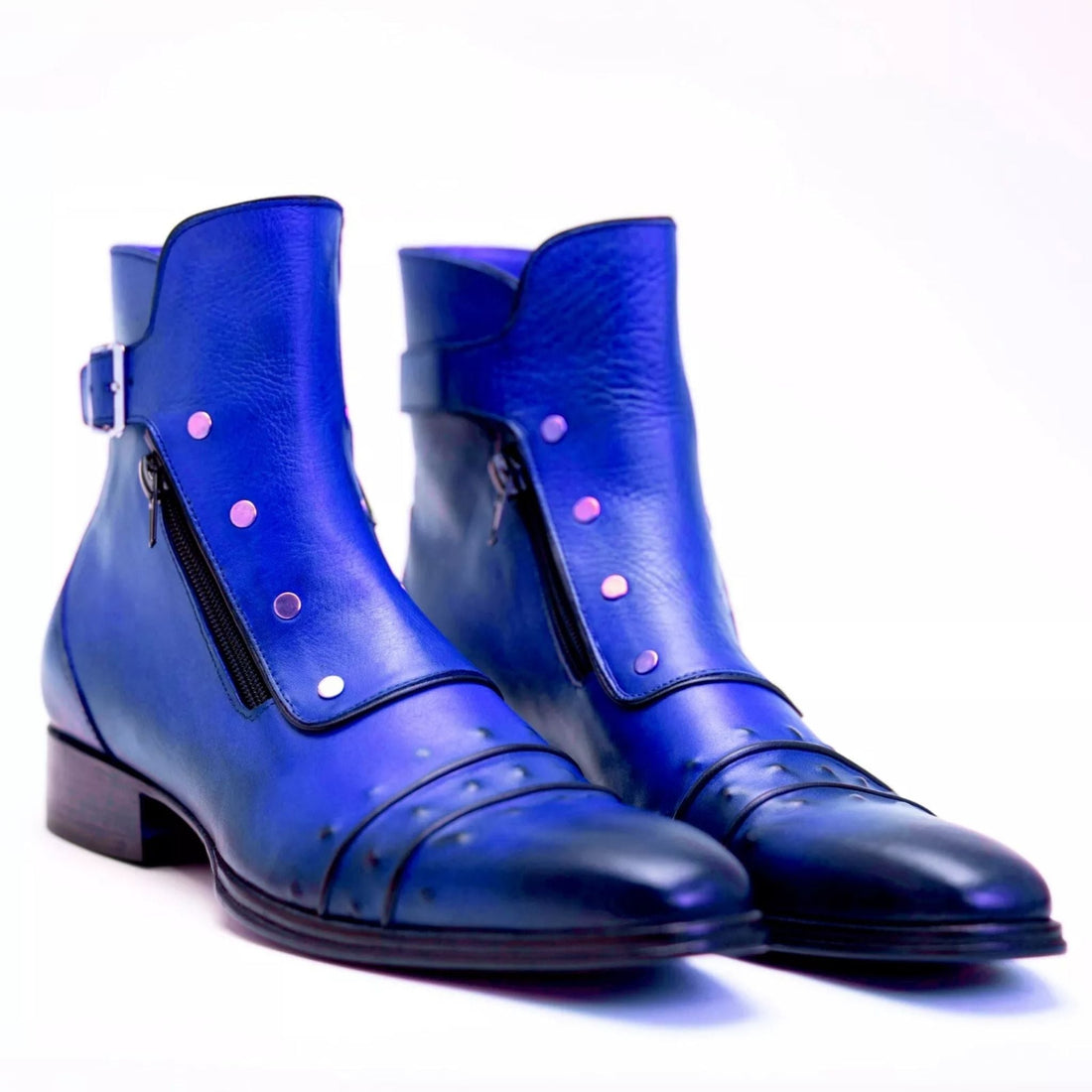 Handmade Blue Leather Ankle Dress Boots - Zipper & Buckle Closure Formal Boot