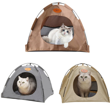 Beige Pet Tent House for Cats & Puppies with Warm, Soft Bed Pad