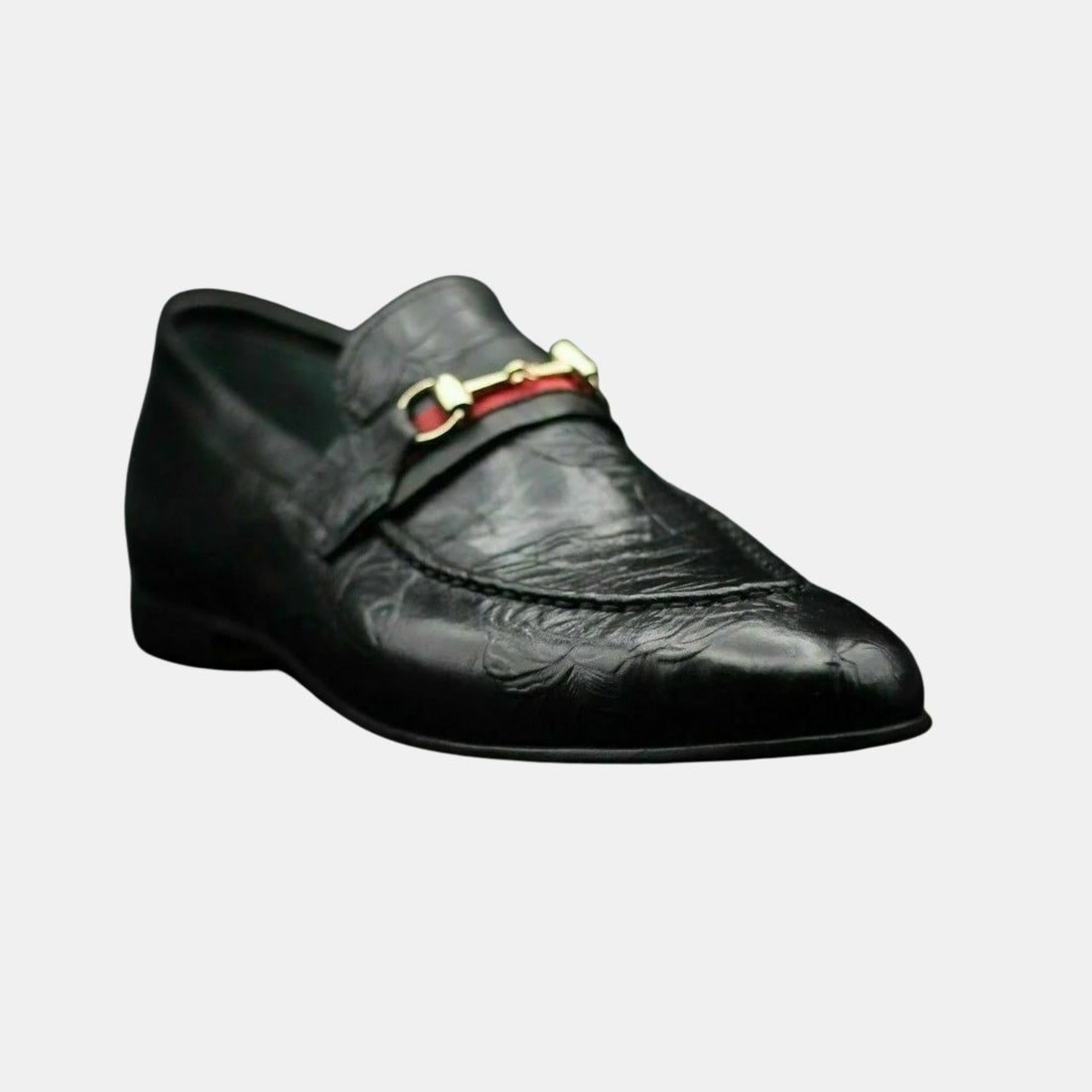 Bespoke Black Printed Leather Moccasin Formal Loafers - Handmade Dress Shoes