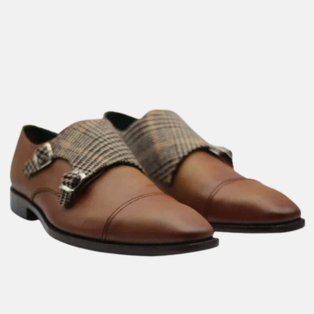 Bespoke Two-Tone Brown Leather & Fabric Double Monk Cap Toe Shoes