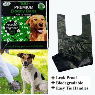 100 Pcs Premium Doggy Waste Bags with Tie Handles Leak-Proof & Scented