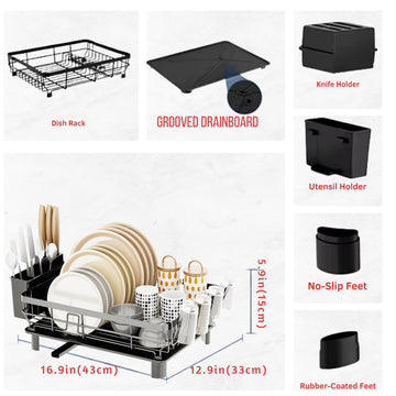 Premium Stainless Steel Dish Drying Rack Drip Tray & Utensil Holder Included
