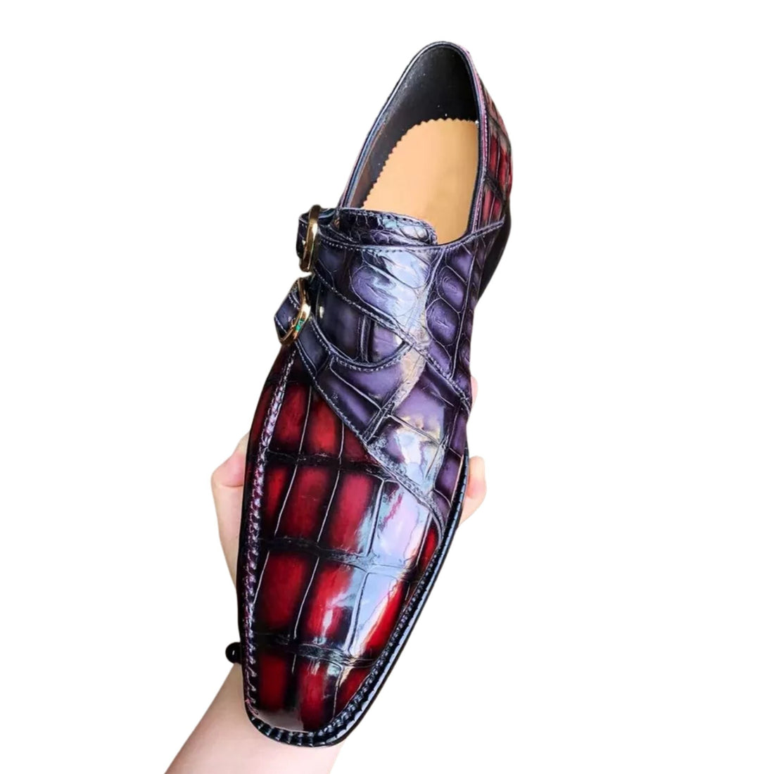 Goodyear Welted Burgundy & Gray Patina Art Crocodile Print Monk Strap Shoes