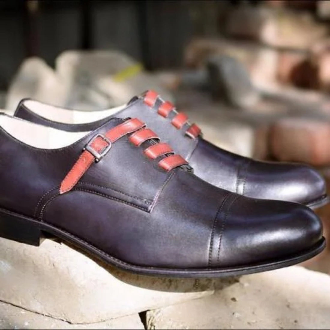 Handmade Black Leather Double Monk Shoes - Contrast Red Strap & Derby Style