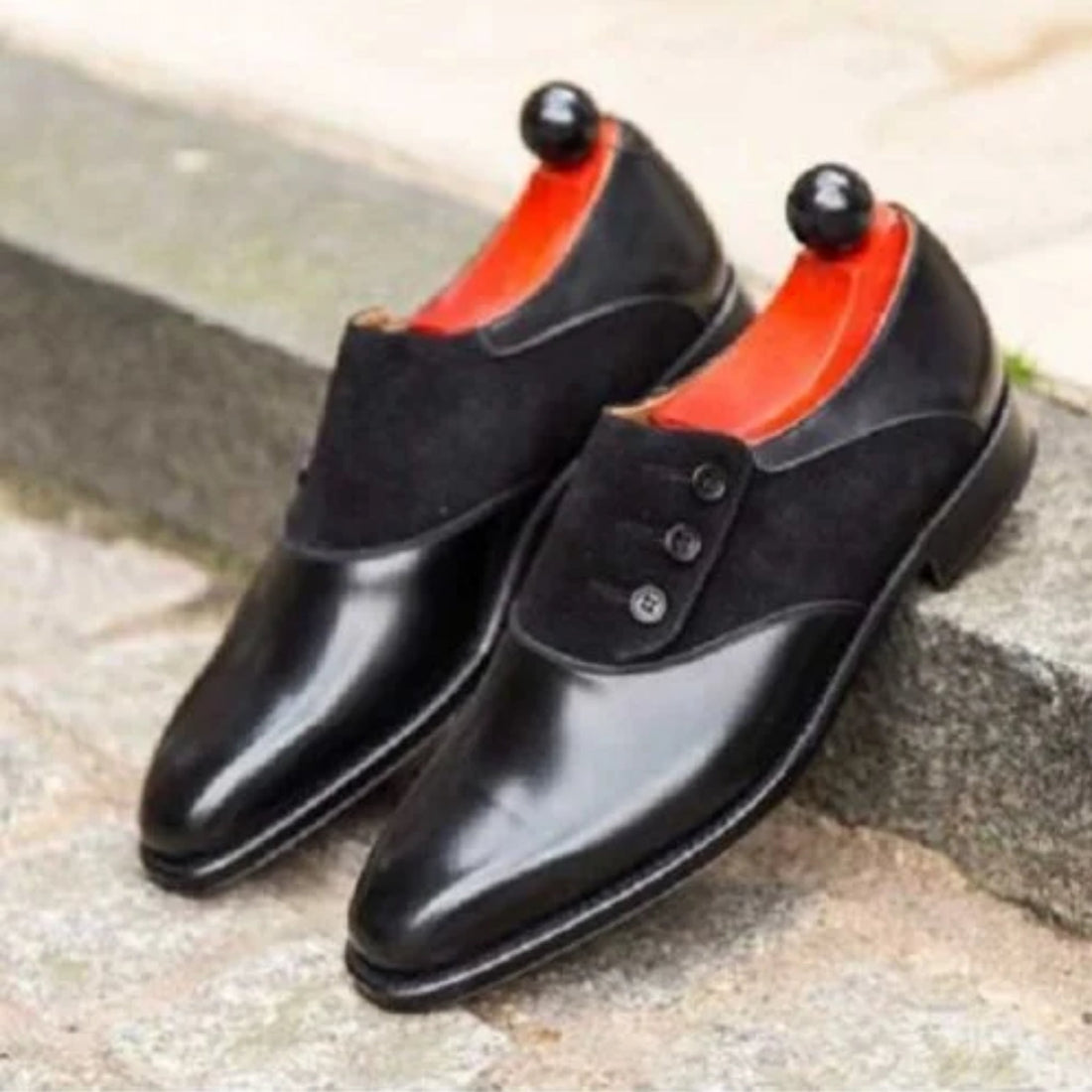 Bespoke Black Leather & Suede Button Shoes - Handmade Men's Formal Dress Shoes