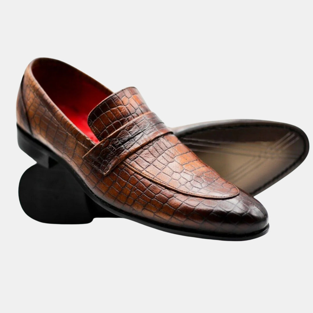 Bespoke Brown Crocodile Embossed Leather Slip-On Loafers - Handmade Formal Shoes