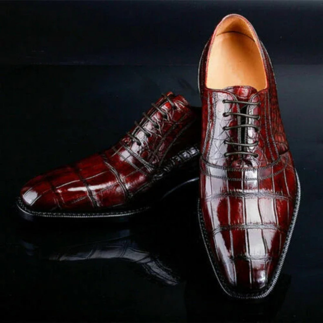 Bespoke Brown Crocodile Print Calf Leather Oxford Formal Lace-Up Shoes