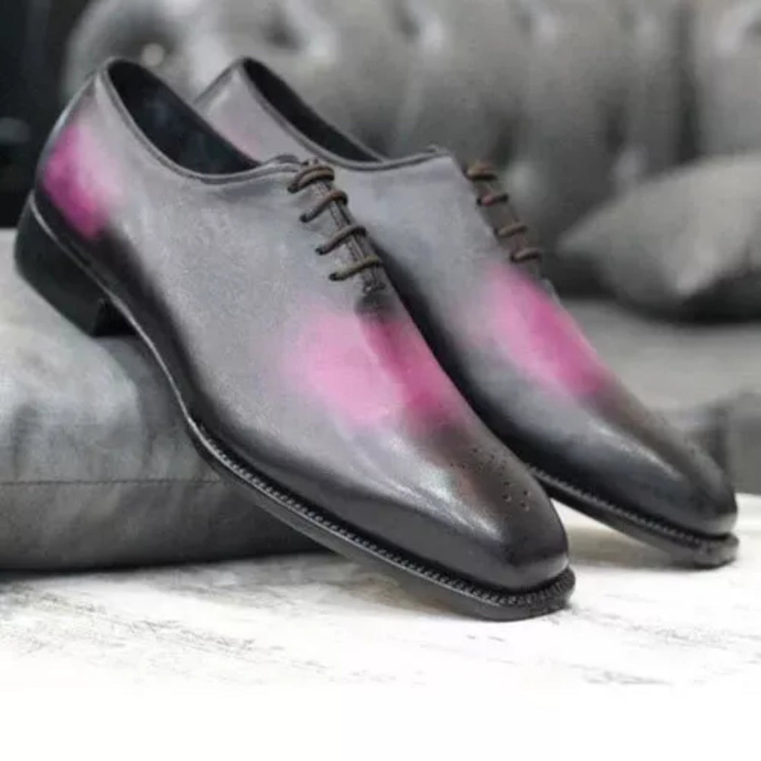 Bespoke Hand-Patina Wholecut Oxford Shoes - Pink/Magenta to Black Shaded Leather