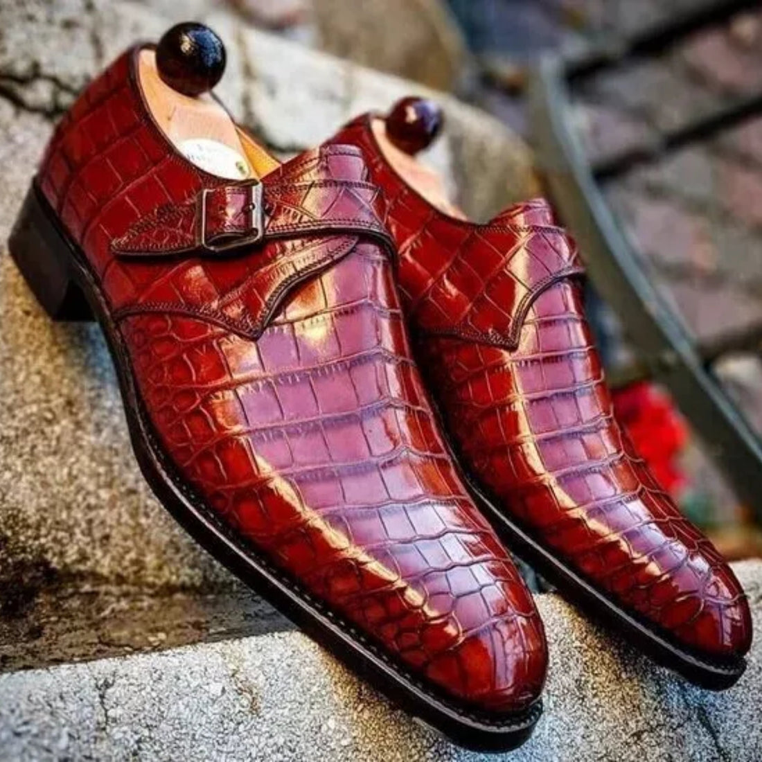 Bespoke Red Alligator Texture Leather Dress Shoes - Handmade Formal Lace-Up