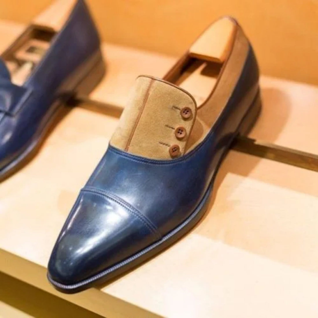 Bespoke Two-Tone Button Closure Leather Shoes - Handmade Formal Dress Shoes