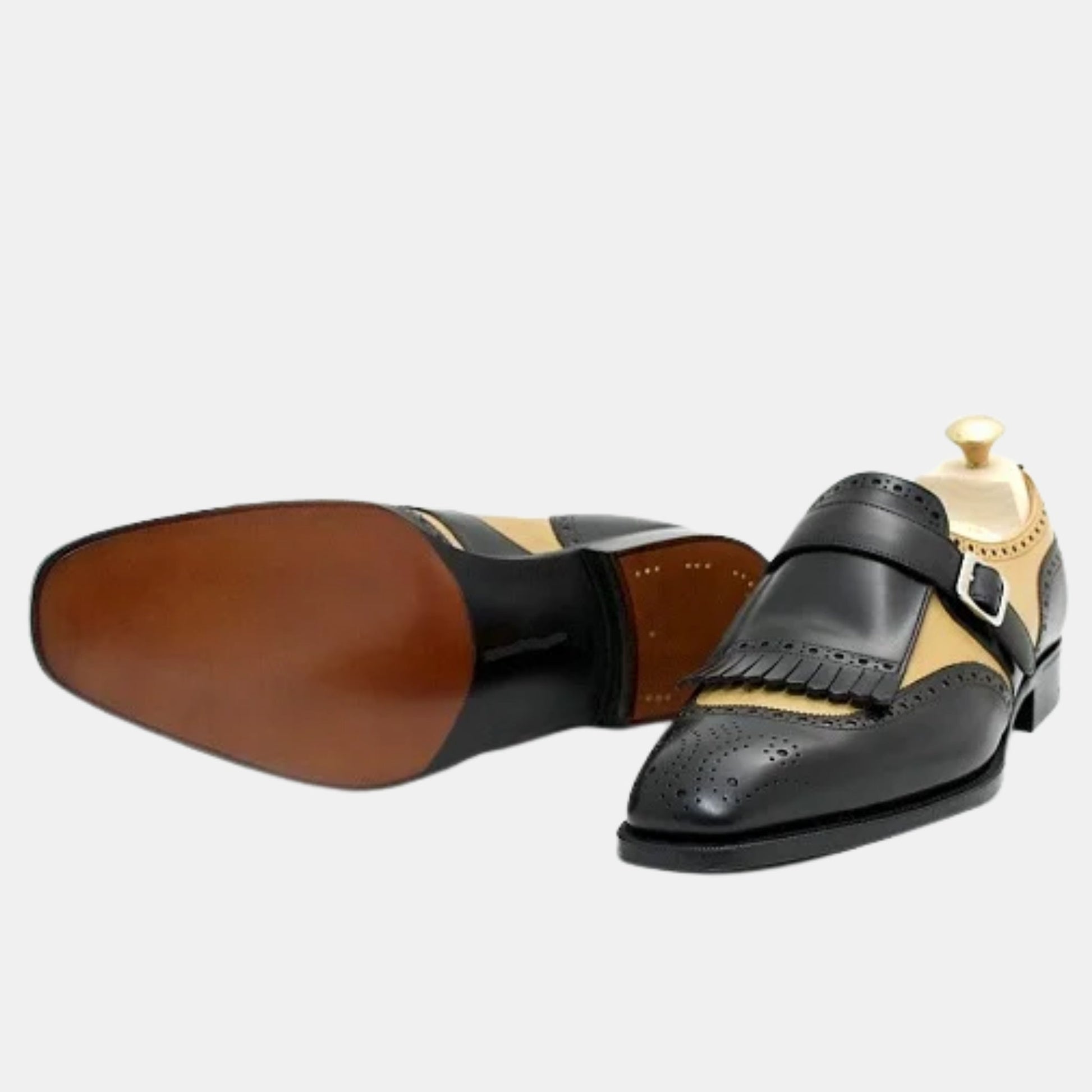 Bespoke Two-Tone Single Monk Strap Shoes - Maroon Leather & Brown Suede