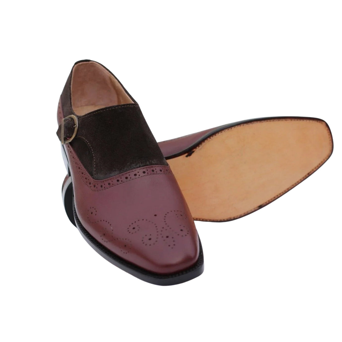 Bespoke_Two_Tone_Single_Monk_Strap_Shoes_Maroon_Leather_Suede _Brogue