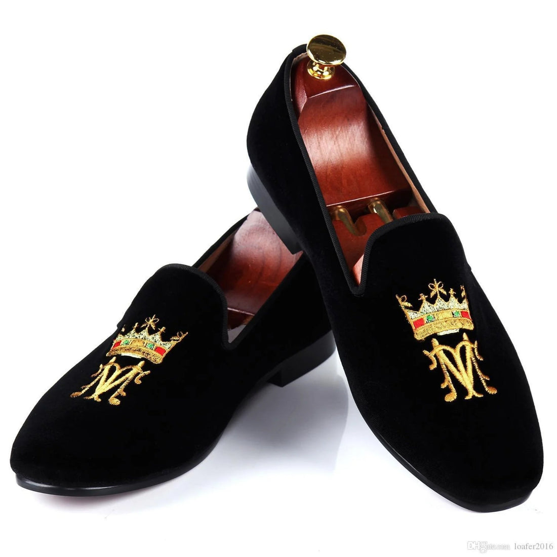 Handmade Black Velvet Smoking Slippers - Crown & Anchor Embroidered Loafers