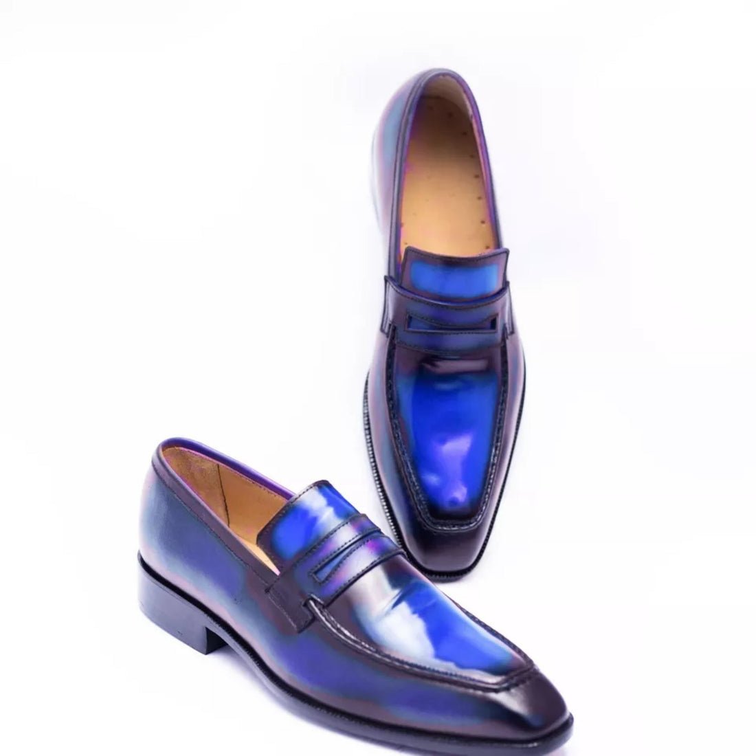 Handmade Blue Leather Moccasin Loafer - Formal Slip-On Dress Shoe for Men