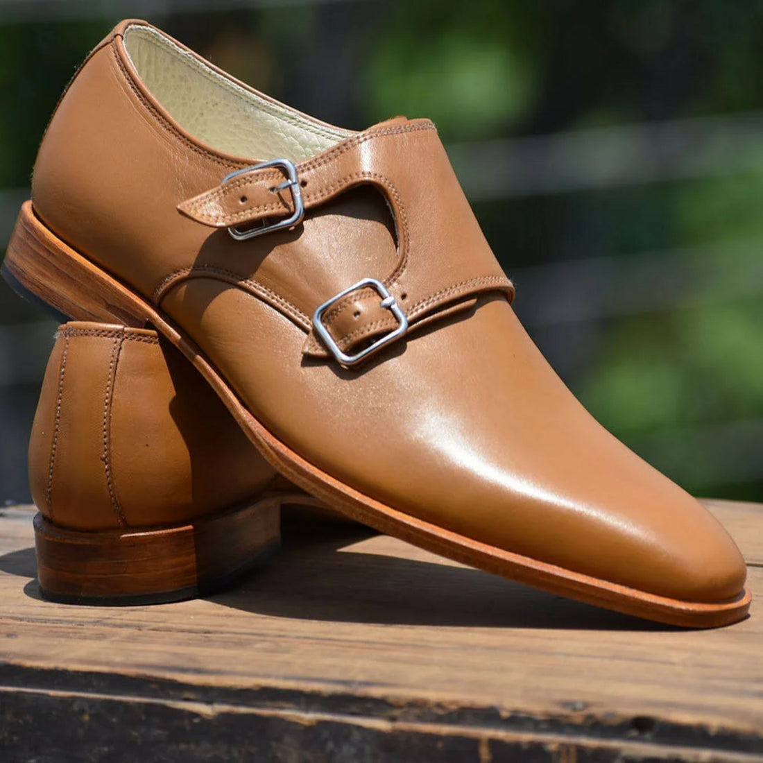 Handmade Genuine Tan Leather Double Monk Strap Dress Shoes