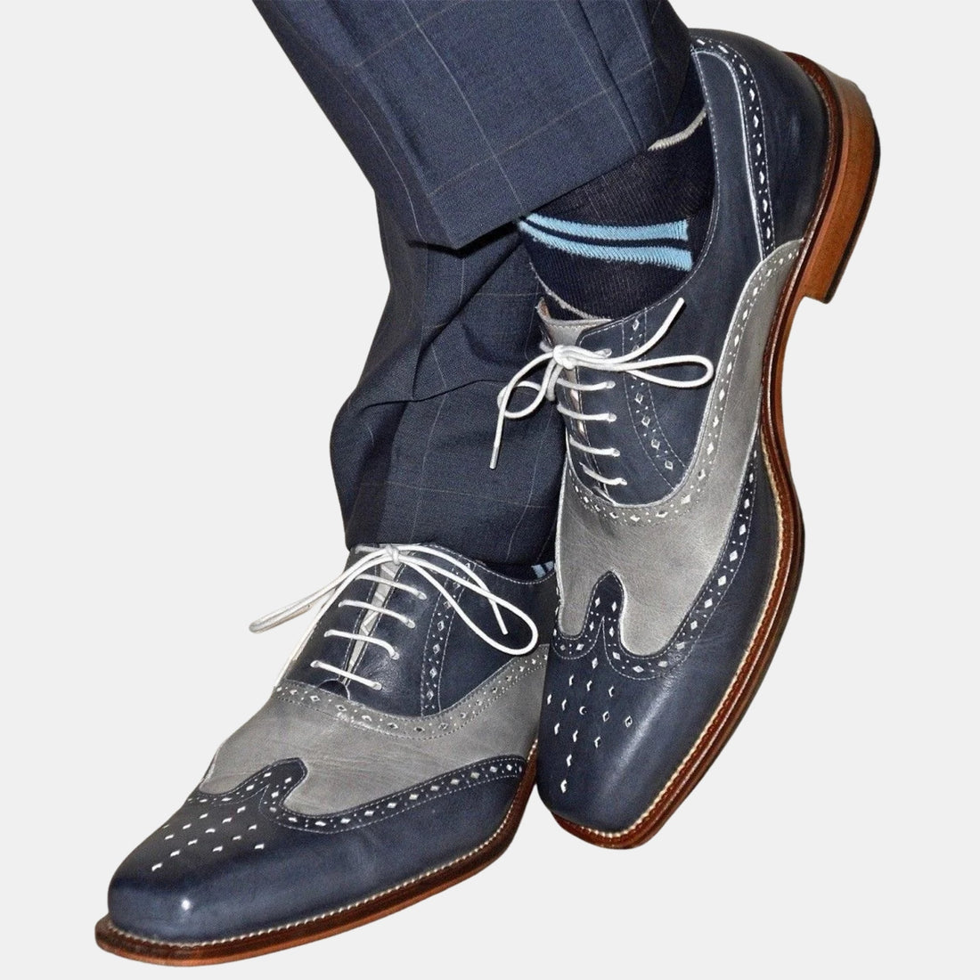 Handmade Gray Leather Wing Tip Brogue Dress Shoes