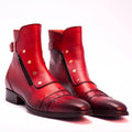 Handmade Red Leather Ankle Dress Boots - Zipper & Buckle Closure Formal Boot