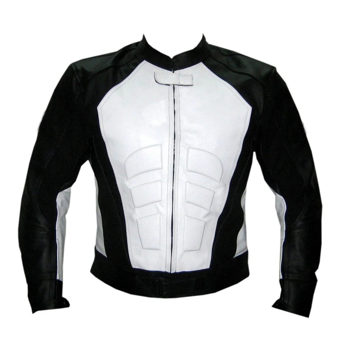 Men Black White Motorbike Leather Racing Jacket
