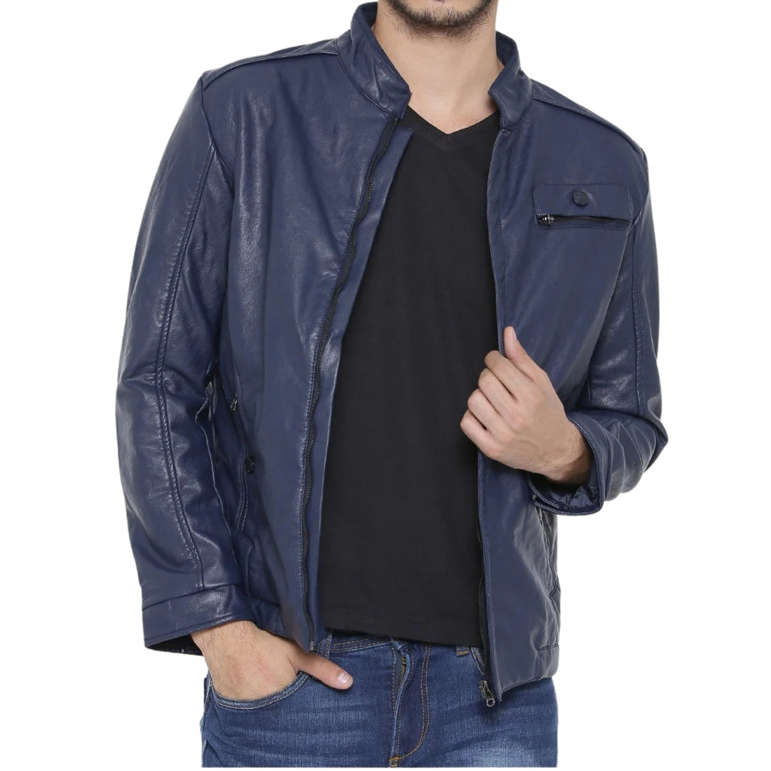 Men’s Blue Genuine Leather Fashion Jacket