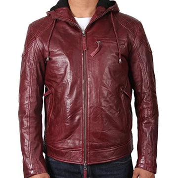 Men’s Maroon Hooded Genuine Leather Jacket