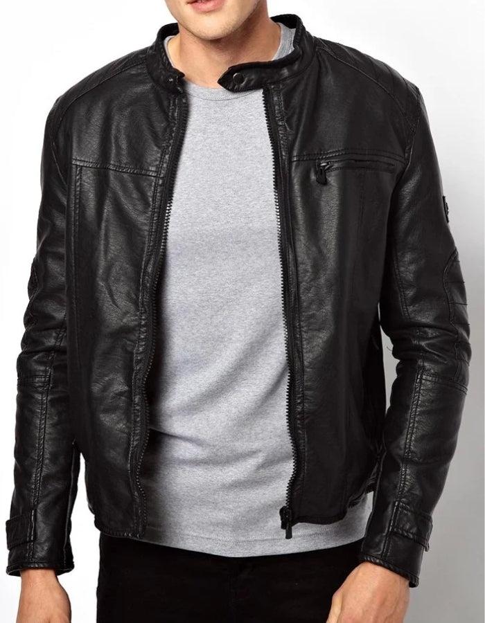 Premium-Men's-Black-Moto-Style Leather-Jacket-Full-Zip-Collarless-Biker-Coat-(Available in Custom Sizes)